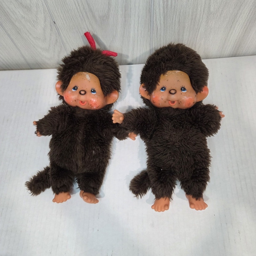 Monchhichi Standard Brown Boy Girl set of 2 Plush Doll S Size Japan Flaw